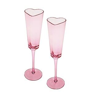 Cleo & June Set Of 2 Pink Heart Shaped Stemmed Champagne Flutes Glass  NEW